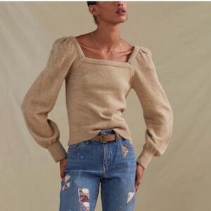 Anthropologie Beige Square Neck, Puff Sleeve Sweater size small